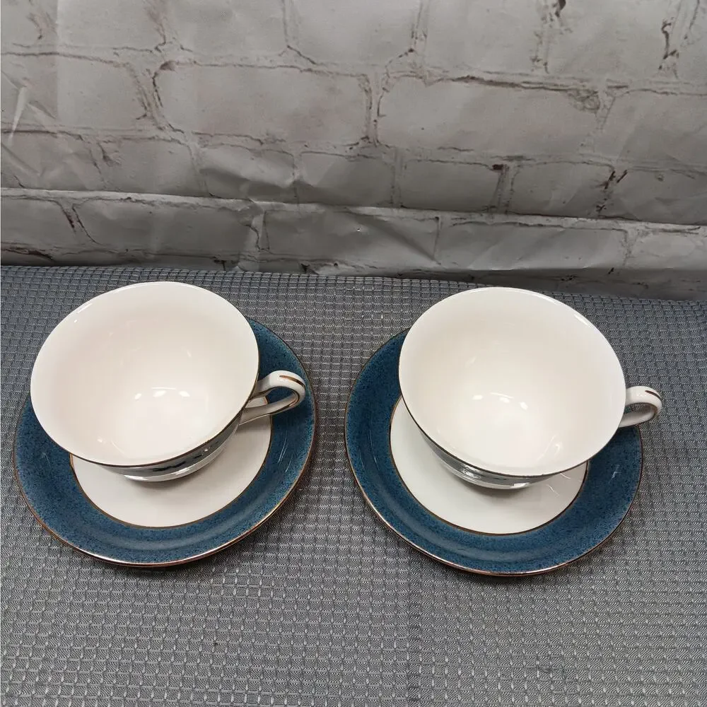 NIKKO Double Phoenix Ironstone Riviera Slate Blue Set of 2 Teacups & Saucers